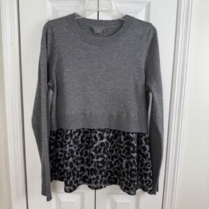 Anthropologie Moth Grey Mixed Media Leopard Print Layered Sweater Size M